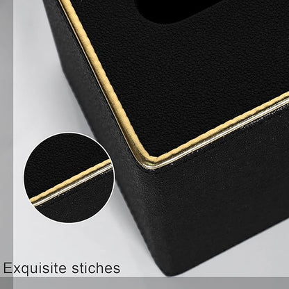 Tissue Box Cover Square PU Leather Facial Tissue Box Holder for Dresser Bathroom Decor (Black Pearl)
