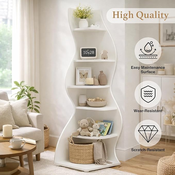 Arvolia 70 Inch Corner Bookshelf, Modern 5-Tier Small Bookshelf with Unique Curved Design, Freestanding Vertical Storage Shelf for Living Room, Bedroom or Home Office (White)