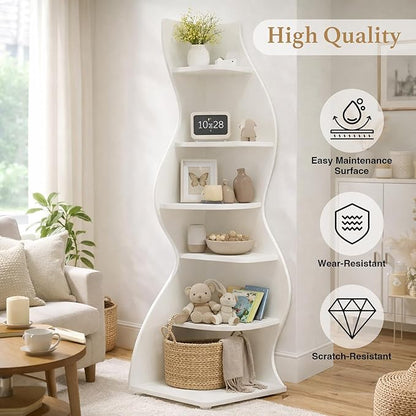 Arvolia 70 Inch Corner Bookshelf, Modern 5-Tier Small Bookshelf with Unique Curved Design, Freestanding Vertical Storage Shelf for Living Room, Bedroom or Home Office (White)