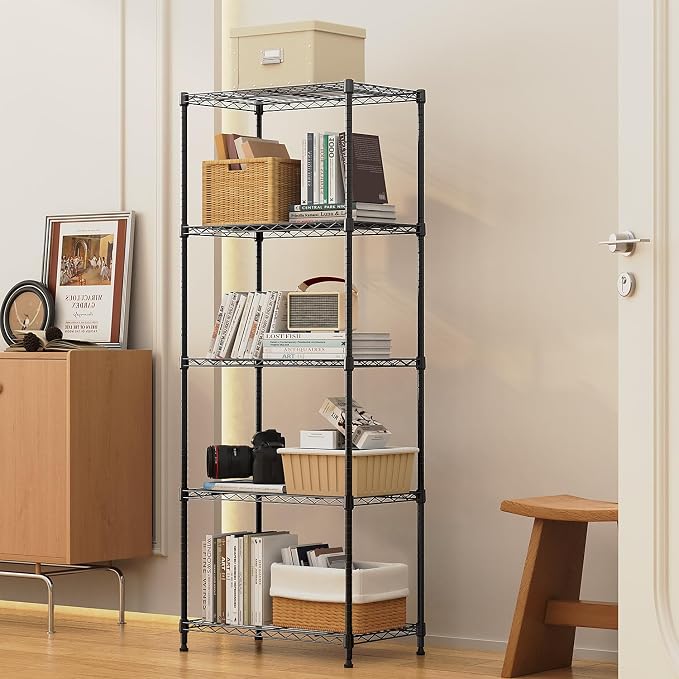 M MZG 1250 lbs 5 Tier Shelf Metal Storage Shelves Wire Rack Closet Organizers with Wheel for Garage Kitchen Bathroom Laundry Black 13.7" D x 23.6" W x 62.4" H