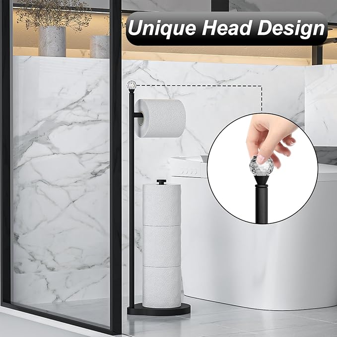 KASUNTO Toilet Paper Holder for Bathroom, Heavy Weighted Metal Free Standing Toilet Paper Storage with Crystal Ball, Toilet Paper Stand for Bathroom Accessories, Matte Black [Holds MEGA Rolls]