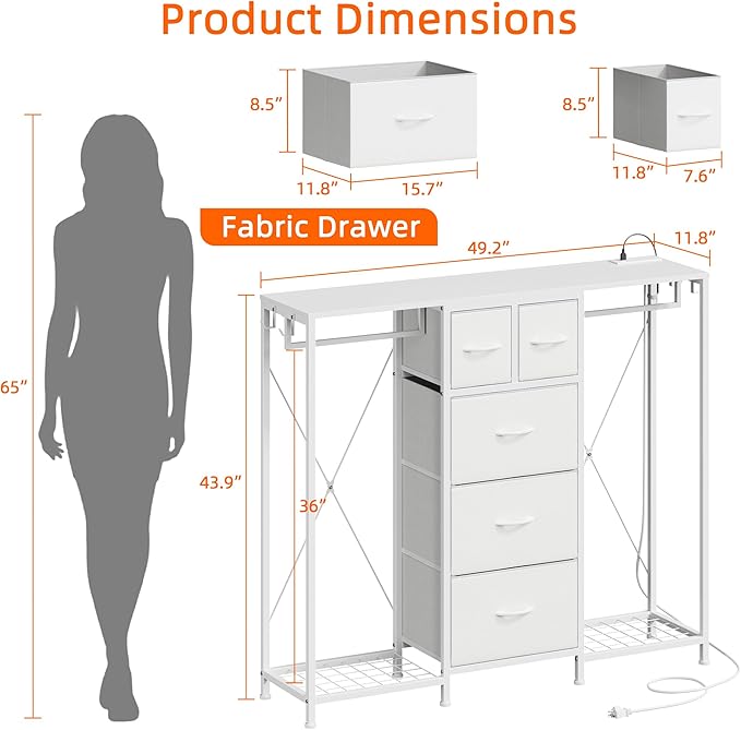 49.2“W Dresser with 2 Hanging Racks, 5 Drawers Dresser with LED Lights & Charging Station, Dressers TV Stand with Clothes Rack, Shoe Racks and Side Hooks, Chest of Drawers for Bedroom, White