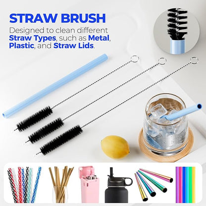 Holikme 6 Pack Bottle Brush Set, 14" Long Handle Stainless Steel Bottle Cleaner Brush, 3 Straw Brushes, 4-in-1 Bottle Cleaning Brush for Water Bottle, Antistatic Lab Brushes Straws, Black