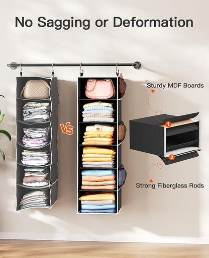 Pipishell Hanging Closet Organizer 6-Shelf, Hanging Shelves for Closet with 3 Removable Drawers & Side Pockets for Bedroom, Garment Rack and Wardrobe Organization, 12' x 12' x 43.3', Black