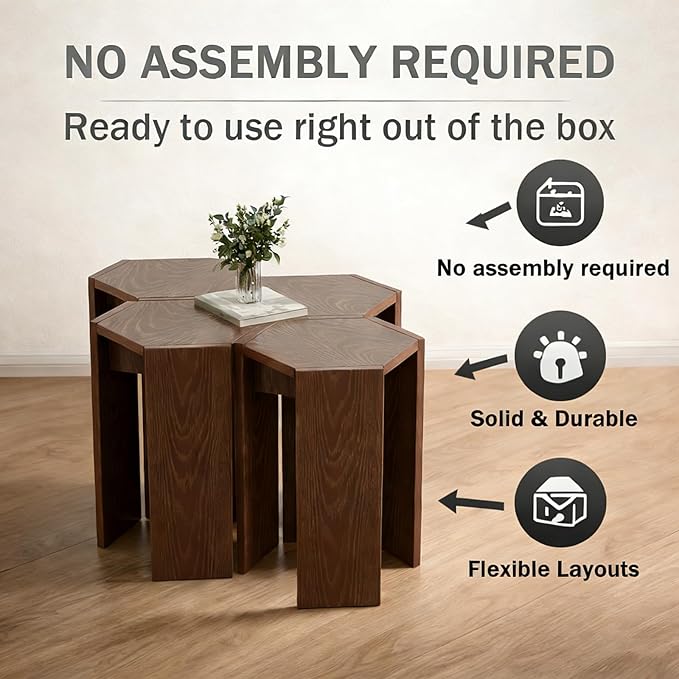 Solid Wood Nesting Coffee Tables (2 Sets of 2), 4-Piece Modular Living Room Table Set with Multiple Layouts, for Living Room Layout - Walnut Color - 12.2" L x 12.2" W x 16.7" H