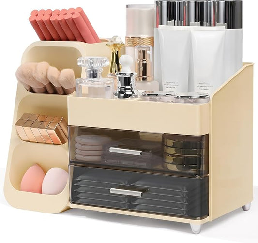 Brothersbox Makeup Organizer with Brush Holder for Vanity, Large Countertop Skincare Storage with 2 Drawers, Holds Lipsticks, Nail Polishes, Perfumes, Brushes - Gift for Women, Cream