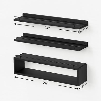 WOPITUES Floating Shelves for Wall 24 inch with Cube Shelf, Wall Shelves with Metal Rail for Decor, Bathroom Organizers and Storage, Over Toilet Shelves for Bathroom, Toilet Paper-Black