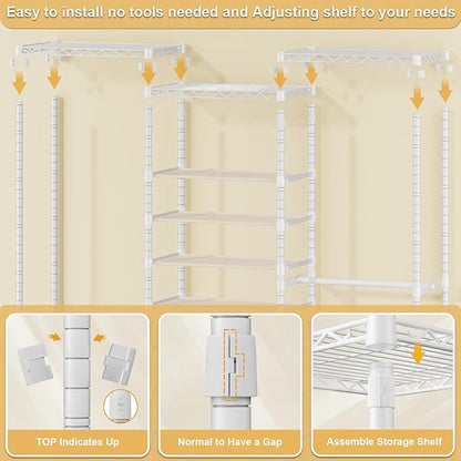 E16 Heavy Duty Clothing Rack（With 7-Tier Adjustable Shoe Rack） Freestanding Clothes Rack for Hanging Clothes，Metal Closet Storage Organizer Large Wardrobe，69'' W x 15.8'' D x 76.2'' H，White