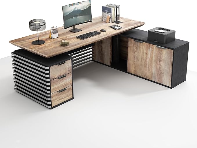 SAINTCY 78.74In L Shaped Executive Standing Desk with Drawers, Large Modern Adjustable Heigh Home Office Desk w/Universal Charging Ports, Business Workstation, Black and Warm Oak