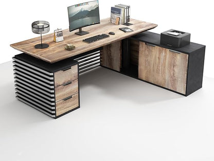 SAINTCY 78.74In L Shaped Executive Standing Desk with Drawers, Large Modern Adjustable Heigh Home Office Desk w/Universal Charging Ports, Business Workstation, Black and Warm Oak