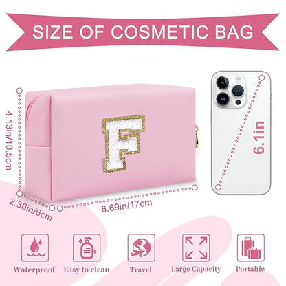 Personalized Initial A-Z Preppy Patch Makeup Bag,Small PU Chenille Letter Cosmetic Bag with Zipper for Teen Girls,Pink Cute Toiletry Organizer Bag,Monogram Makeup Case Gift for Women Girls,Letter F