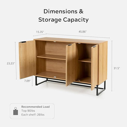 Fluted Storage Cabinet with 3 Doors, Sideboard Buffet Cabinets, Modern Accent Cabinets with Adjustable Shelves, Wooden Credenza Console Table Cabinet for Living Dining Room, Natural Oak