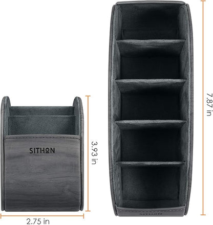 SITHON Remote Control Holder with 5 Compartments - PU Leather Remote Caddy Desktop Organizer Store TV, DVD, Blu-Ray, Media Player, Heater Controllers, Woodgrain Gray