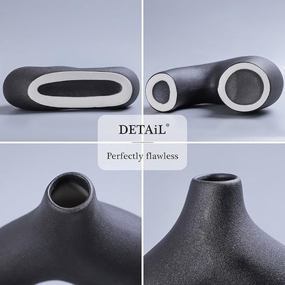 CEMABT Black Ceramic Vase Set of 2 for Modern Minimalist Bohemian Decor，Round Matte Donut Vases for Pampas Grass-Perfect for Living Room, Dining Table, Office Bedroom Shelf Decor Entryway, Console