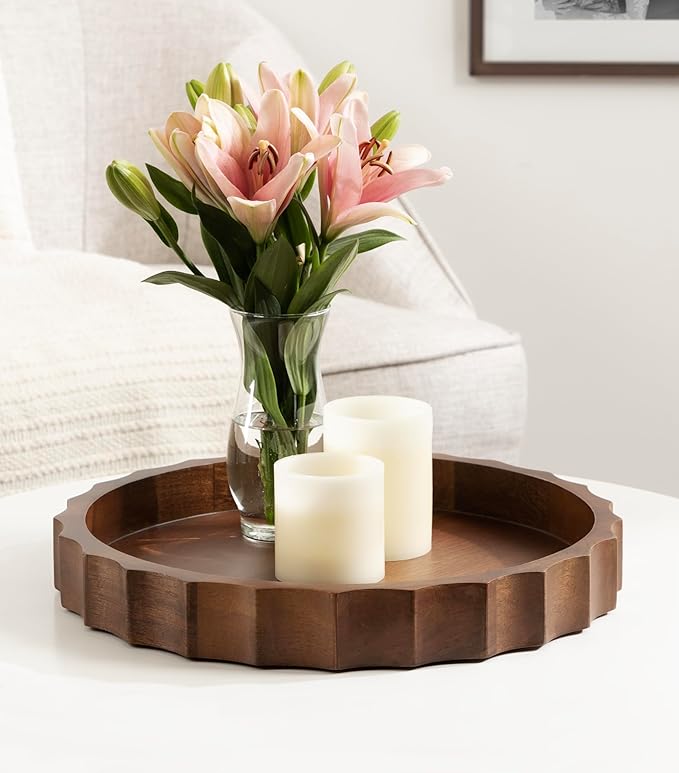 Kate and Laurel Lissi Decorative Round Tray with Wavy Design, 15 Inch Diameter, Walnut Brown, Mid-Century Modern Scalloped Circle Serving Tray for Coffee Table, Ottoman, or Entryway Decor