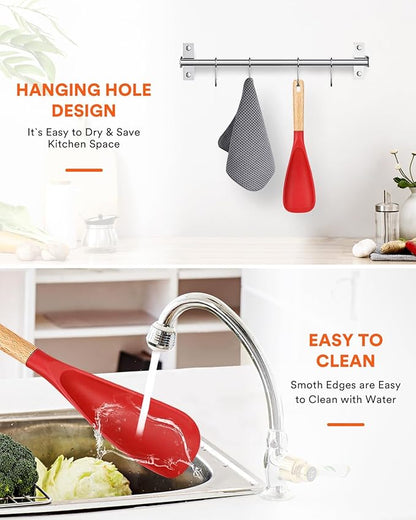 Cooking Spoon for Nonstick Cookwares, Great for Cooking and Serving Sturdy BPA-Free Matte Silicone, Wood Handle Spoon for Mixing, Scoop, and Scrape (RED, 11.4 inch)