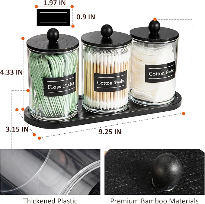 3 Pack 10 oz Acrylic Qtip Holder with Tray Labels Dispenser- Bathroom Small Clear Plastic Canister Apothecary Jar Set Essentials Accessories Decor, Vanity Storage Organizer