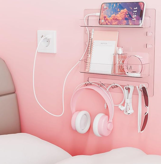Yieach Bedside Shelf for Dorm Bed,Rv,Small Room and Nightstand,Wall Mounted Floating Shelves and Bedside Wall Organizer for Remote,Phone Holder,Charging Shelf,Cute Bedroom Decor for College Girl,Clear