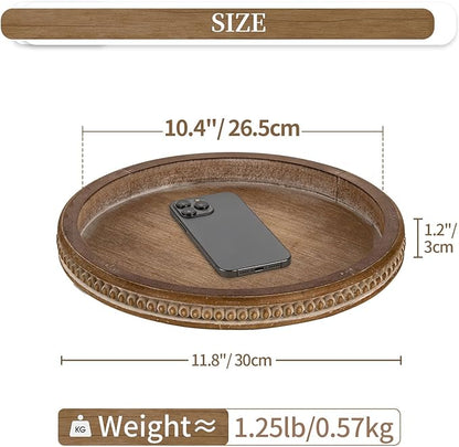 Hanobe Round Wooden Tray Decor: Decorative Candle Plate Holder Tray for Coffee Table - Rustic Farmhouse Table Centerpiece for Home Living Room Kitchen Counter(Brown)