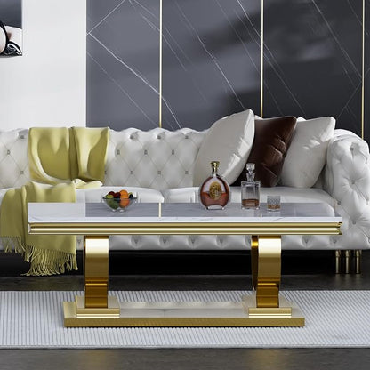 2 Piece Living Room Table Set Include 1 Faux Marble Coffee Table & 1 Console Table, Modern White Gold Coffee Table Set of 2 with Double O Shape Stainless Steel Pedestal Base