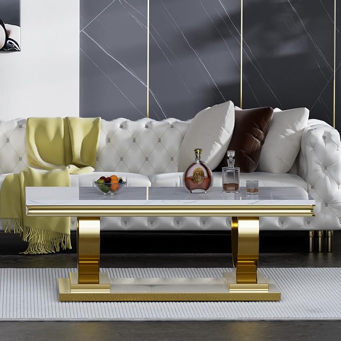 1 Piece Living Room Coffee Table Luxury Faux Marble Center Table, Modern White Gold Coffee Table with Double O Shape Stainless Steel Pedestal Base,1 Table Only