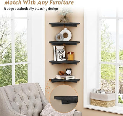 Forbena Black Corner Floating Shelves for Wall Set of 4, Small Rounded Corner Shelves Wall Mount for Bedroom Books, Mini Wood Hanging Corner Shelf for Bathroom Decor, Living Room, Small Spaces