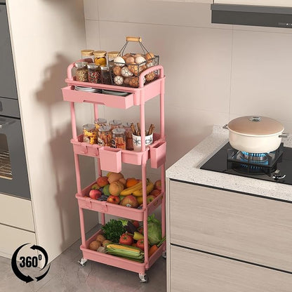 4 Tier Rolling Utility Cart with Drawer, Plastic Storage Organizer Rolling Carts with Wheels Handles Hanging Cups Hooks for Office, Bathroom, Kitchen,Craft Art Room (Pink)