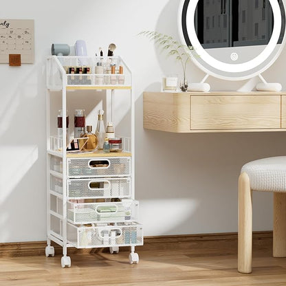 HapiRm Rolling Cart Makeup Organizer - Metal Makeup Cart with Wheels and Drawers for Small Spaces & Messy Vanities, Space-Saving Beauty Cosmetics Cart Storage Cabinet Stand for Perfume Hair Tools