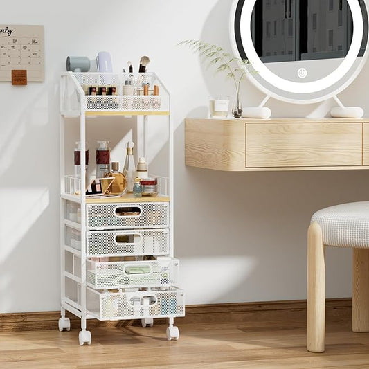 HapiRm Rolling Cart Makeup Organizer - Metal Makeup Cart with Wheels and Drawers for Small Spaces & Messy Vanities, Space-Saving Beauty Cosmetics Cart Storage Cabinet Stand for Perfume Hair Tools