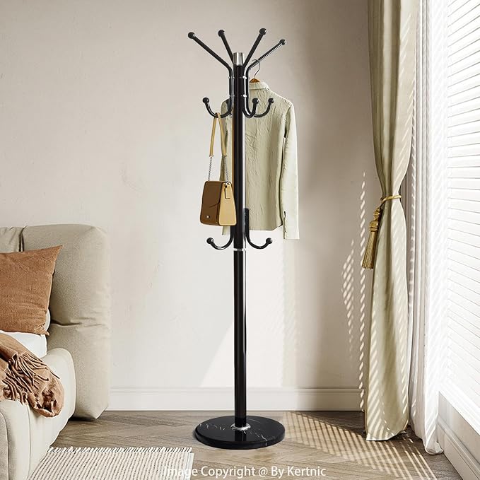 Kertnic Modern Coat Rack Freestanding with Natural Marble Base & Sturdy Metal Frame, 11 Hooks Hall Tree for Jackets, Hats, Bags, Entryway Organizer for Bedroom, Living Room, Closet (11 hooks-Black)