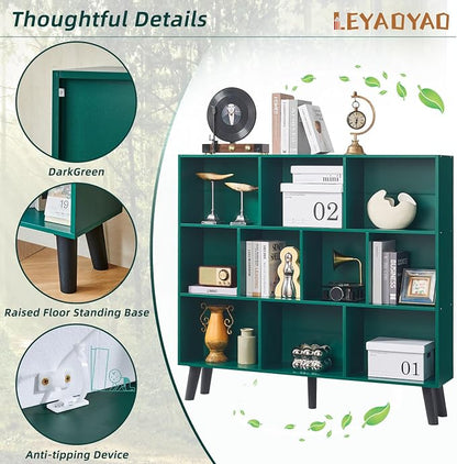 LEYAOYAO 10 Cube Bookshelf,3 Tier Modern Wide Bookcase with Legs,Mid-Century Wood Bookshelves Storage，Dark Green Large Book Case,Freestanding Organizer Display Shelf for Bedroom,Living Room,Office