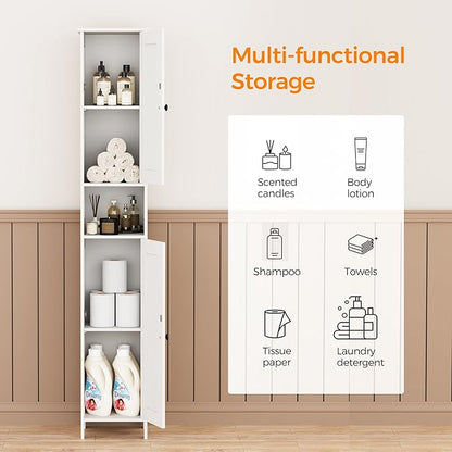 Homleke Tall Bathroom Storage Cabinet with 2 Doors, 67"H Narrow Storage Cabinet with Adjustable Shelves& Anti-Tip Design, Reversible Door Installation, Easy Assembly, 11.8 x 11.8 x 66.9 Inches, White