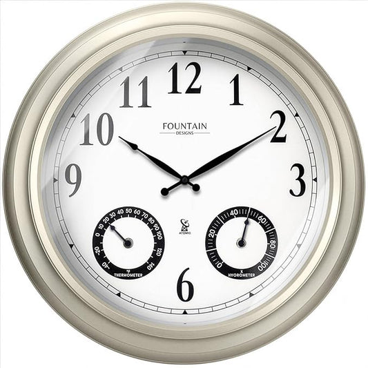 20" Evander Outdoor Atomic Clock with Thermometer & Hygrometer, 3 in 1 Weather Stations, Large Wall Clocks for Living Room Decor,Modern Farmhouse Home Decor (Morning Silver)