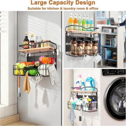 Livabber Magnetic Fridge Organizer Basket with Wood Shelf, Large Fruit Vegetable Storage Bin, Spices Snacks Condiments Rack for Kitchen Pantry, Laundry Room, Office, Magnetic or Wall Mount (Black)