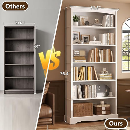 TVU 6-Tier Wooden Bookshelf, 76 Inch Tall Bookshelf with Storage, Floor Standing Modern Style Display Bookcase for Living Room, Office, Study Room, Entryway, White