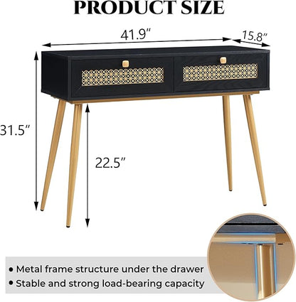 Mid Century Modern Console Table with Drawers, Narrow Sofa Table for Living Room, Entryway and Bedroom, Boho Style, Black
