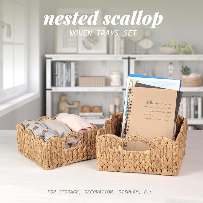 Scalloped Baskets (Natural-Set of 2) Basket Living Room Organizer, Water Hyacinth Baskets For Decor, Woven Basket for Bathroom, Bedroom, Laundry. Hyacinth Storage Basket with Built-in Handles