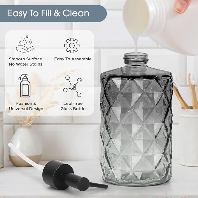 Topsky Glass Soap Dispenser with Plastic Pump, 330ml Liquid Hand Soap Dispenser, Rustproof Pump for Kitchen & Bathroom, Great for Lotions, Essential Oil, Liquid Soaps,Gradient Black