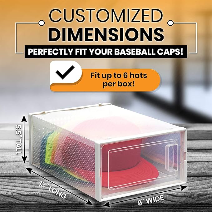 Boxy Concepts Plastic Hat Organizer - 6-Pack, 13" x 5.5" x 9" - Easy Assembly Hat Organizer for Wall - Stackable Transparent Baseball Cap Storage - Space-Saving Cap Holder for Closet