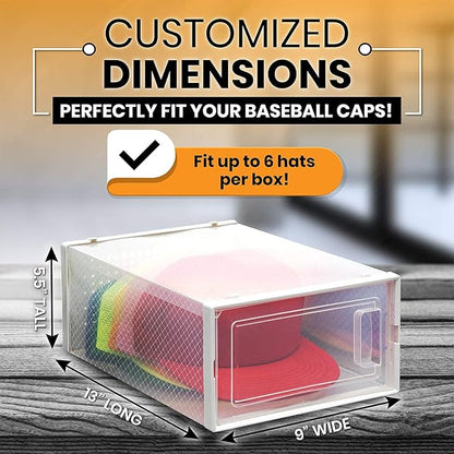 Boxy Concepts Plastic Hat Organizer - 6-Pack, 13" x 5.5" x 9" - Easy Assembly Hat Organizer for Wall - Stackable Transparent Baseball Cap Storage - Space-Saving Cap Holder for Closet