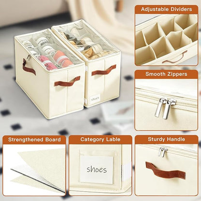 4 Pack Shoe Organizer for Closet, Space Saving, Beige | Fits 16-32 Pairs, Adjustable Dividers, Clear Cover, Reinforced Handles, Stackable & Foldable Shoe Storage Box
