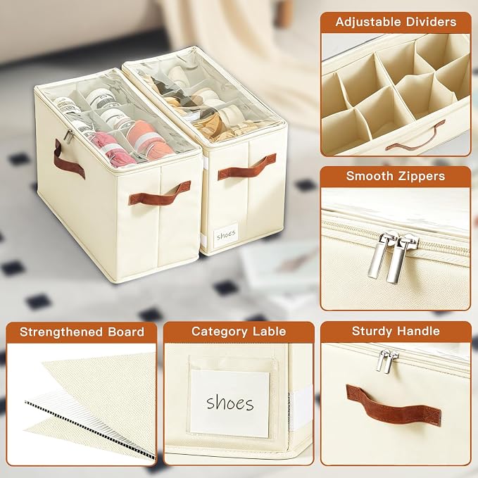 2 Pack Shoe Organizer for Closet, Space Saving, Beige | Fits 16-32 Pairs, Adjustable Dividers, Clear Cover, Reinforced Handles, Stackable & Foldable Shoe Storage Box