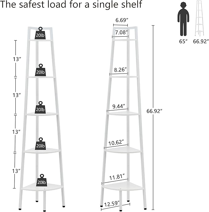 Hoctieon Corner Shelf, 5-Tier Corner Bookshelf, Rustic Ladder Shelf, Industrial Display Stand for Living Room, Kitchen, Home Office, Balcony, Small Space, Metal Frame, White
