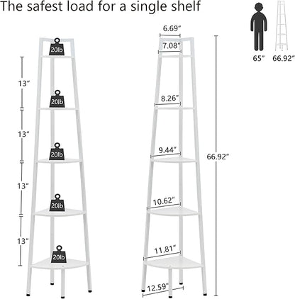 Hoctieon Corner Shelf, 5-Tier Corner Bookshelf, Rustic Ladder Shelf, Industrial Display Stand for Living Room, Kitchen, Home Office, Balcony, Small Space, Metal Frame, White