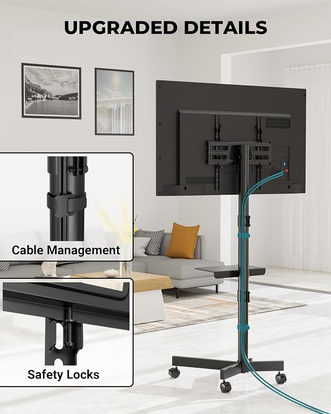 BONTEC Rolling TV Stand with Tilt, Mobile TV Stand Wheels for 23–65 Inch LED LCD TVs, Portable TV Cart with Adjustable Shelf for Living Room, Bedroom, Outdoor TV Stand Holds 88 lbs, Max VESA 400x400mm