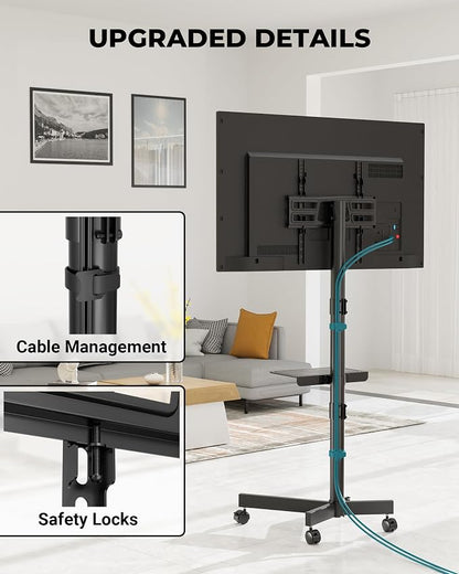 BONTEC Rolling TV Stand with Tilt, Mobile TV Stand Wheels for 23–65 Inch LED LCD TVs, Portable TV Cart with Adjustable Shelf for Living Room, Bedroom, Outdoor TV Stand Holds 88 lbs, Max VESA 400x400mm