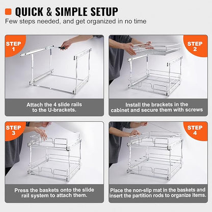 VEVOR Pull Out Cabinet Organizer, 14" Wx21.2 Dx15.2 H Heavy 2 Tier Duty Slide Out Pantry Shelves, Chrome-Plated Steel Roll Out Drawer for Under Sink, 15.5" Wx22.5 Dx19 H Install Size for Cabinet