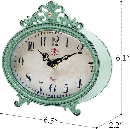 NIKKY HOME Vintage Table Clock, French Turquoise Color Rococo Style Desk Clock Battery Operated Rustic Design, Home Décor for Living Room, Bedroom, Bedside, Desk, Gift Clock - Distressed Green