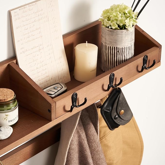 Coat Rack Wall Mount with Shelf - Wooden Entryway Organizer for Hanging Coats, Keys, Hangers - Space Saving Durable Wood Holder for Hallway, Bedroom, Office-The Essential Model