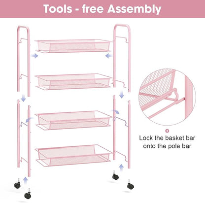 TOOLF 4 Tier Rolling Utility Cart - Durable Metal Design Pink Utility Cart, Storage Trolley on Wheels with 3 Hooks, Perfect for Kitchen, Bathroom & Laundry Room Organization